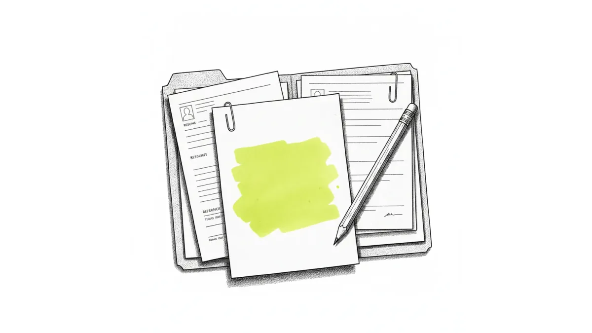 An applicant folder opened flat showing paperclipped documents