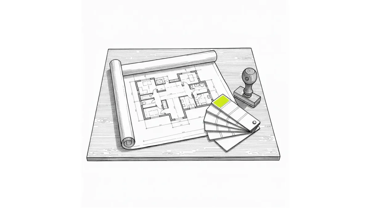 House plans unrolled beside a paint swatch fan and a stamp