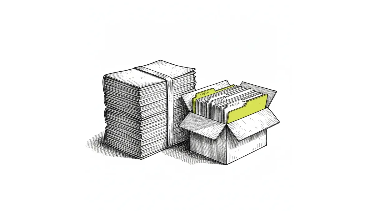 A bound stack of paper beside an open box of labelled folders