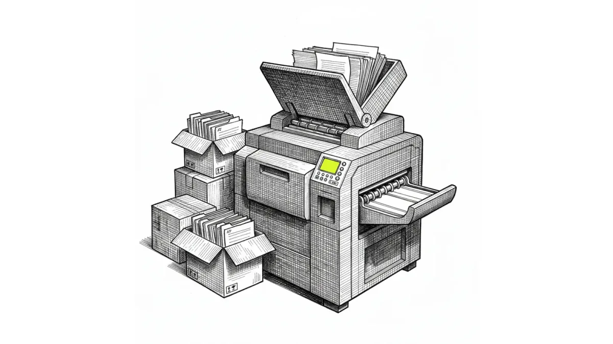 A large production scanner with a deep hopper and boxes beside it
