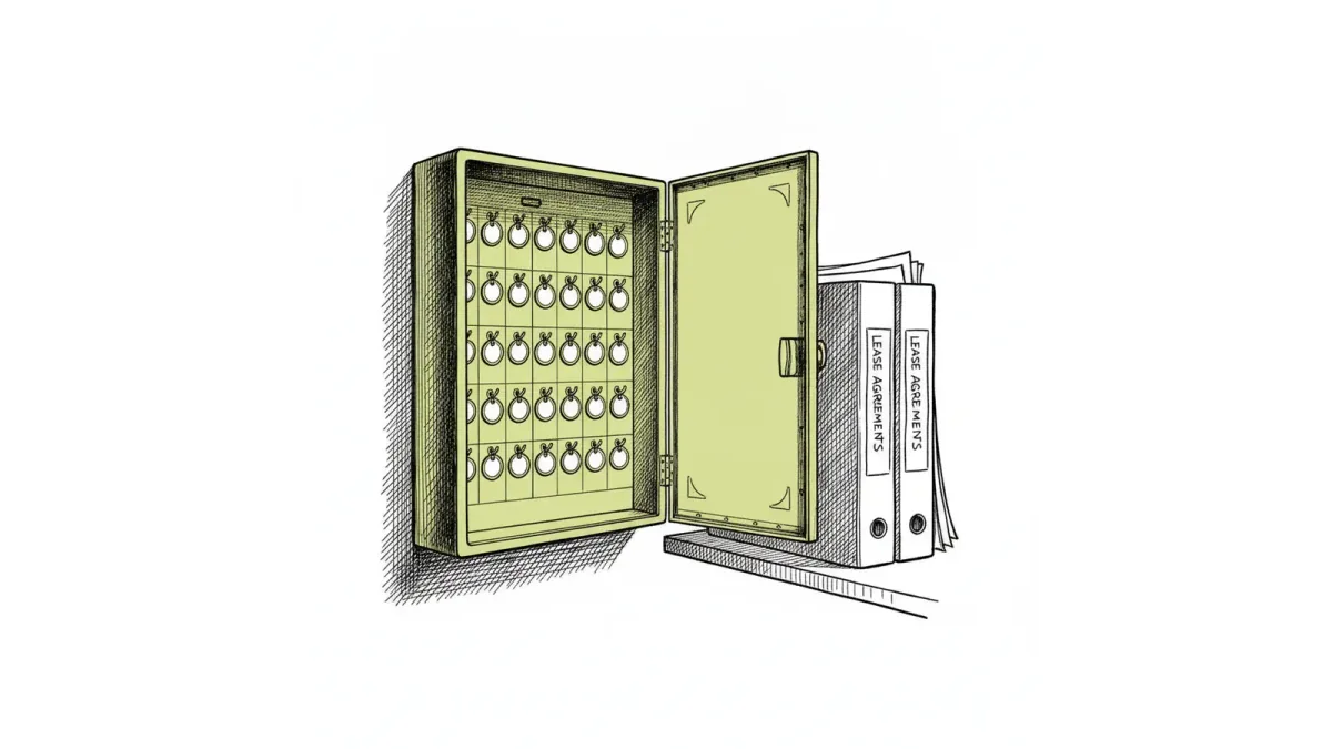 A key cabinet beside a stack of lease folders and a mail slot