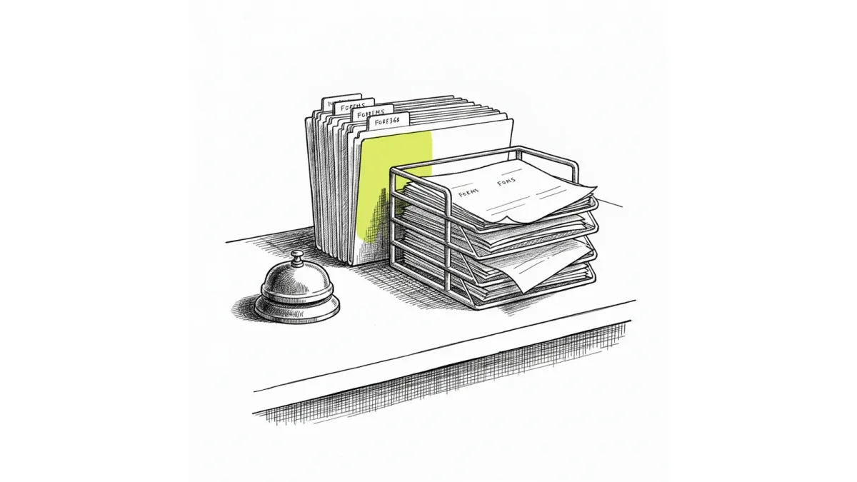 A school office counter with a bell, forms tray and record folders