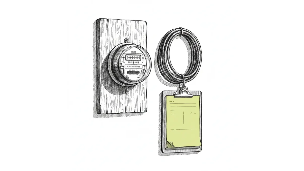 An electricity meter on a board beside service cable and a clipboard of readings