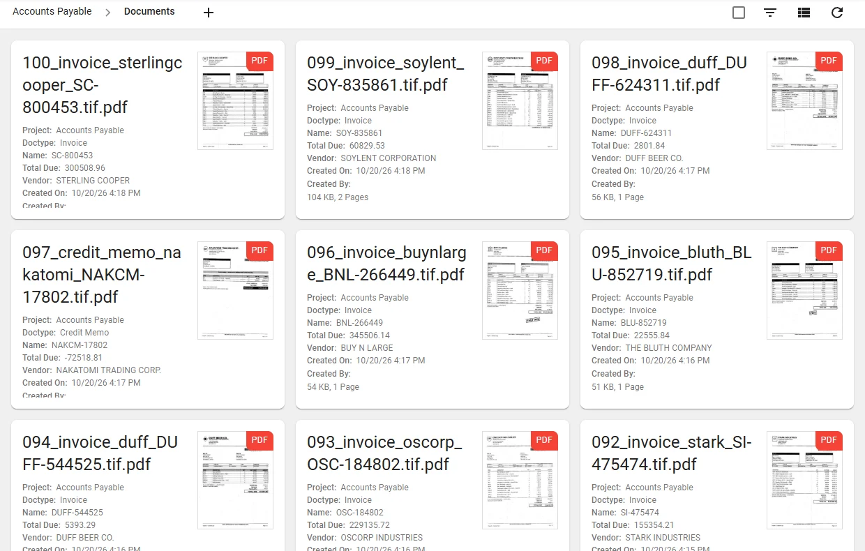 Document cards, each showing the scanned page with its doctype, name, total due and vendor