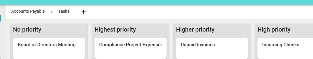 Kanban board with accounts payable tasks arranged by priority