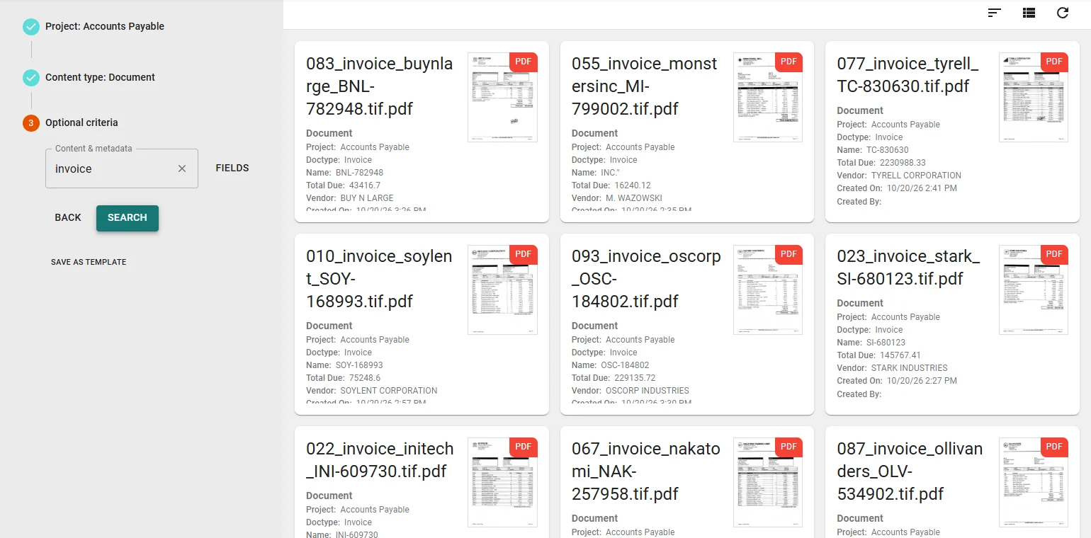 Search results for invoices, each carrying its doctype, invoice name, total due and vendor